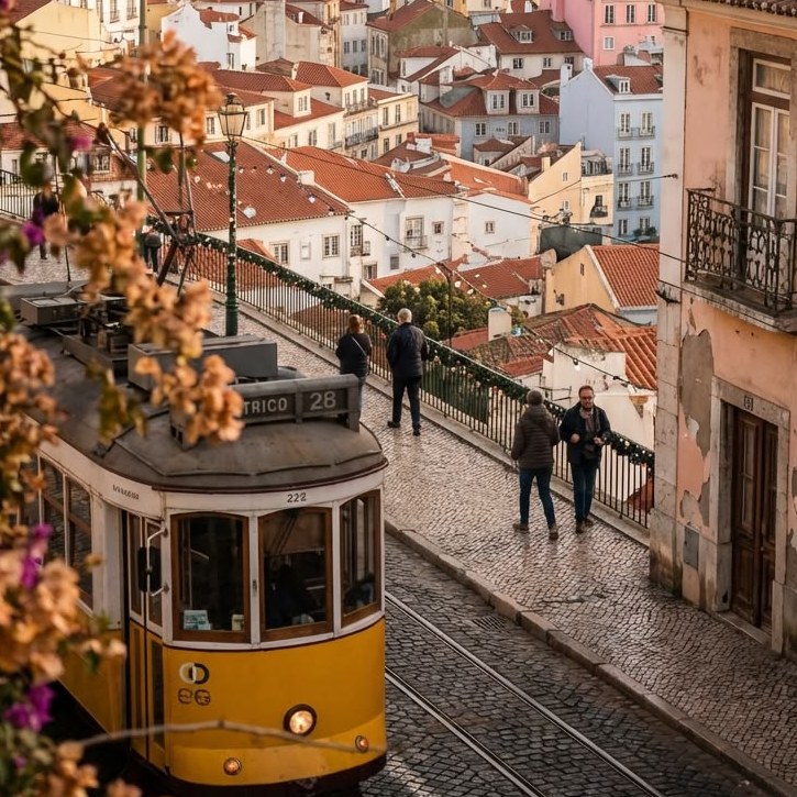 Yellow tram winding through Lisbon
